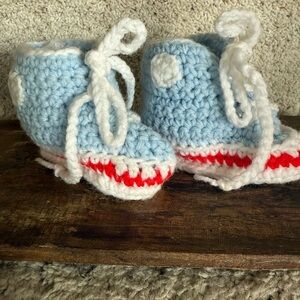 Handmade Blue, Red, and White Crochet Baby Booties Athletic Style